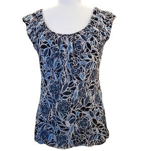 LOFT Round Neck Cap Sleeves Floral Mesh Top Medium